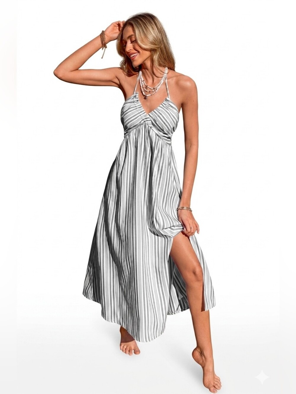 Cupshe White & Gray Striped Halter Maxi Dress Beach Boho Slit Sundress